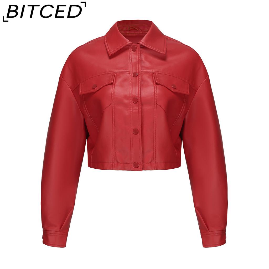 BITCED Spring/Autumn Loose-Fit Casual Leather Jacket for Women Long-Sleeved Single-Breasted Short-Length Jacket