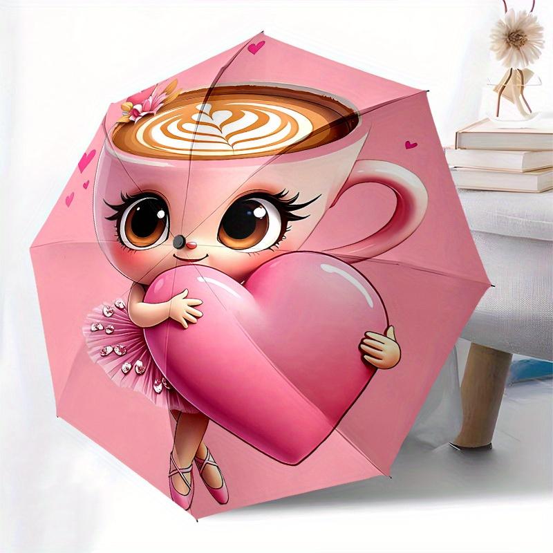 1pc Cappuccino Heart Themed Umbrella, 8 Rib Frame,Automatic Opening 3 Fold Umbrella, Lightweight and Durable Couple Umbrella-110