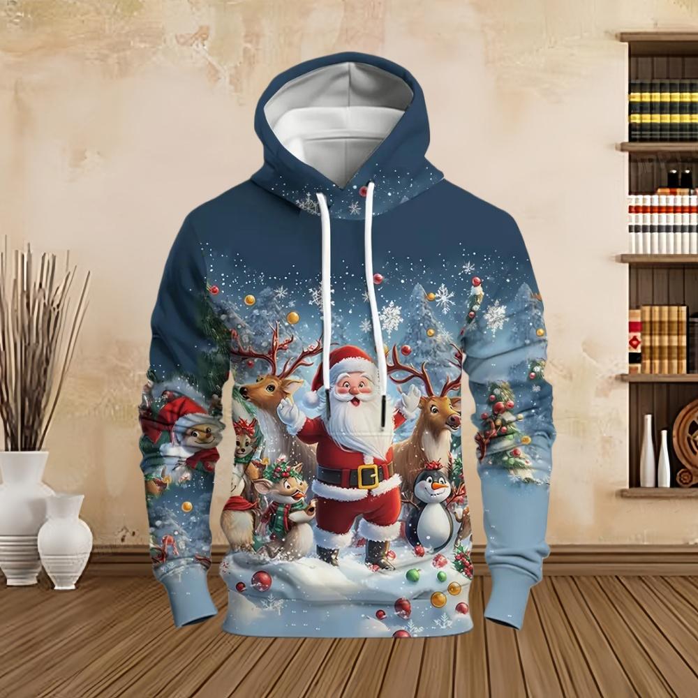New in Sweatshirts Christmas Santa with Snowman Graphic Print Men's Cozy Drawstring Long Sleeve Pullover Sweatshirt Hoodie Tops