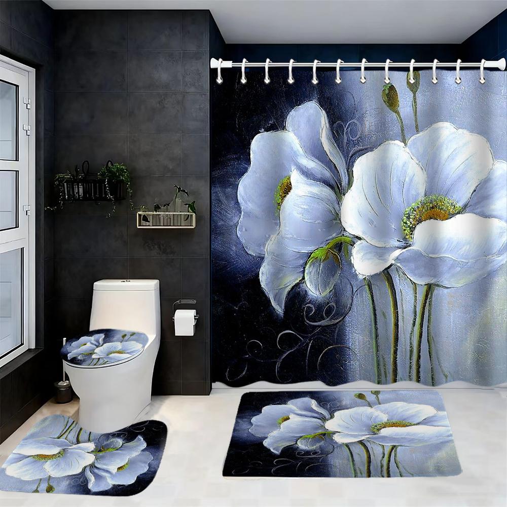 Floral Pattern Shower Curtain Bath Sets Waterproof Non-Slip Bathroom Rug Toilet U With 12 Hooks Home Deco