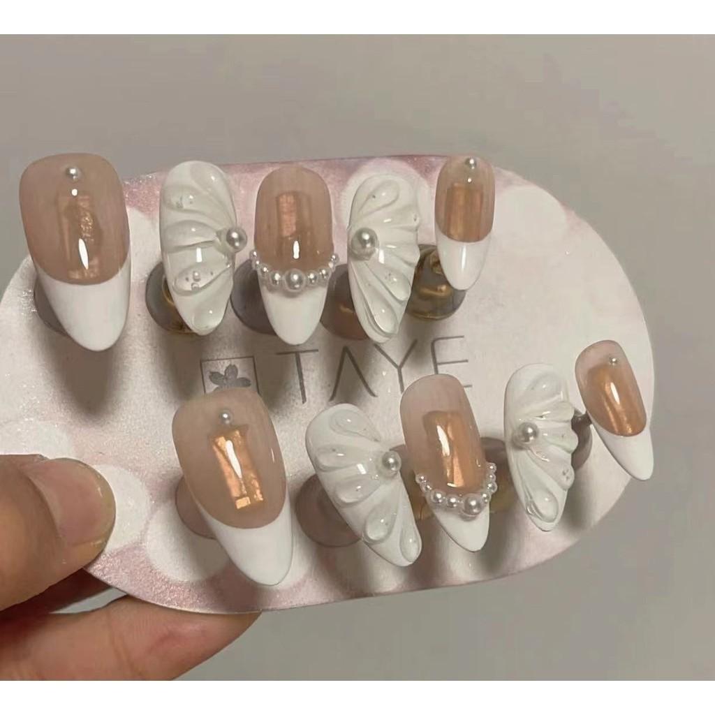 Unghie artificială Aripi transparente de migdale franceze Unghii pentru fototerapie Unghii false Set cu lipici Presă reutilizabil pe unghii