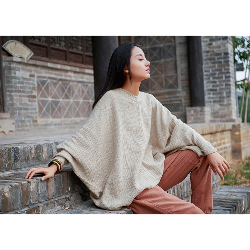 Bat Sleeve T-Shirts Vintage Women Cotton Linen V-Neck Solid Color Women Cloths Casual T-Shirts