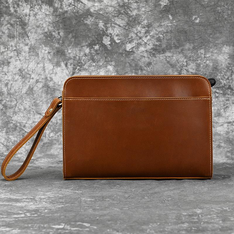 Men's Handheld Bag, Crazy Horse Leather Retro Handheld, Baotou Layer, Leather Envelope Clip Bag, Large Capacity Business Leather Wallet