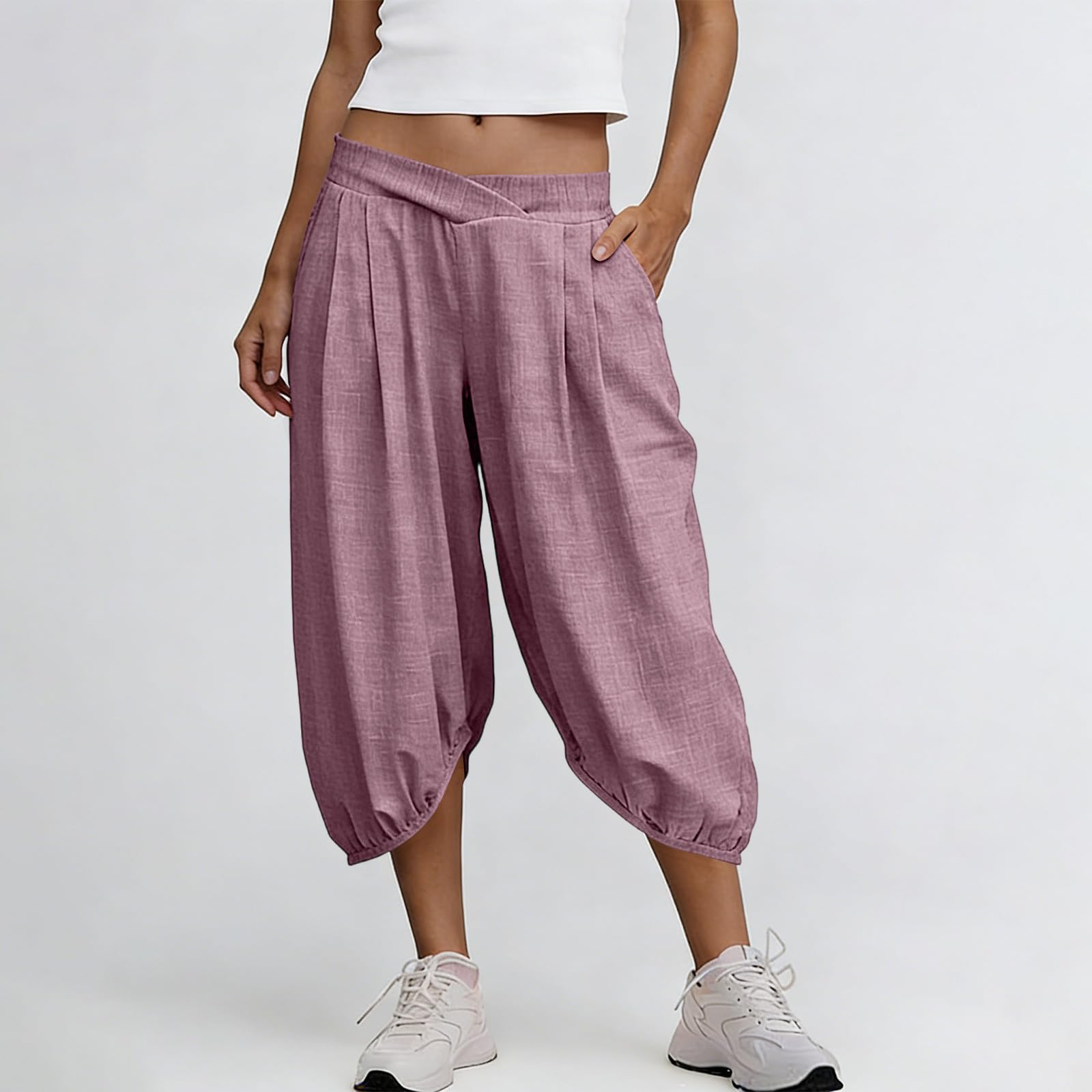 

Women Elastic High Waist 3/4 Pant Casual Fit Wide Capris Leg Pants Trousers With Pockets M розовый