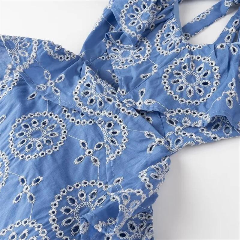 Summer New Women's European and American Style Heavy Industry Cotton Embroidery Stacked Decorative Blue Hollow Out Sexy Sweet Dress