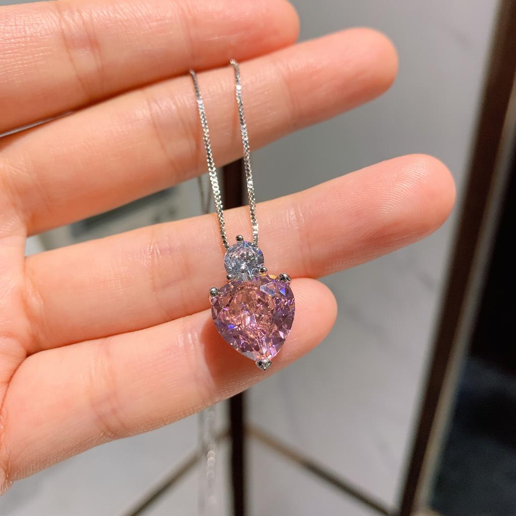 Jewelry Hot Simulation Color Treasure Pink Diamond Love Heart Pendant Love Necklace Earrings Jewelry Set
