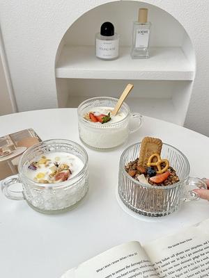 Nordic Sunflower Embossed Glass Mug Large Capacity Breakfast Oatmeal Bowl with Handle And Scoop For Milk And Cereal Household