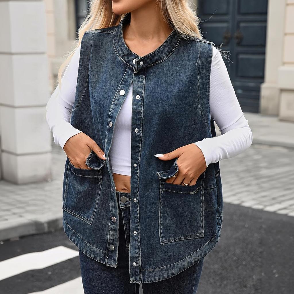Damen Casual Locker geschnittene Jeansweste Ärmellose Jean Jacke für den Alltag