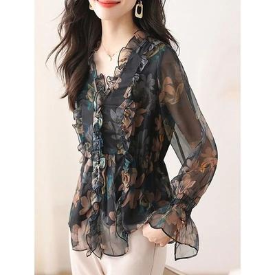 Trendy Fall Chiffon Blouse: Women's Fashionable Floral Chiffon Shirt, Elegant Long Sleeve Top for Spring and Autumn