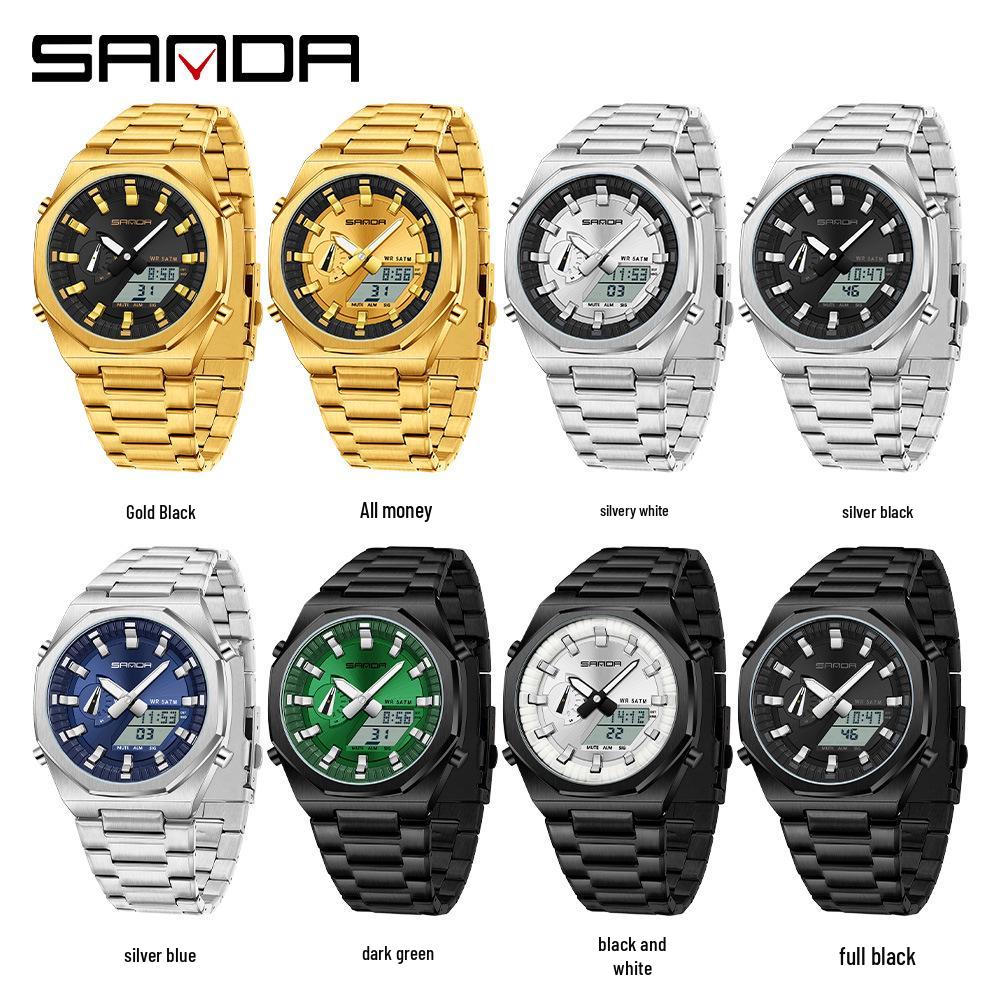 Sanda Men's Multifunctional Dual Display Watch with Countdown, Alarm, Daylight Saving, and Waterproof Features