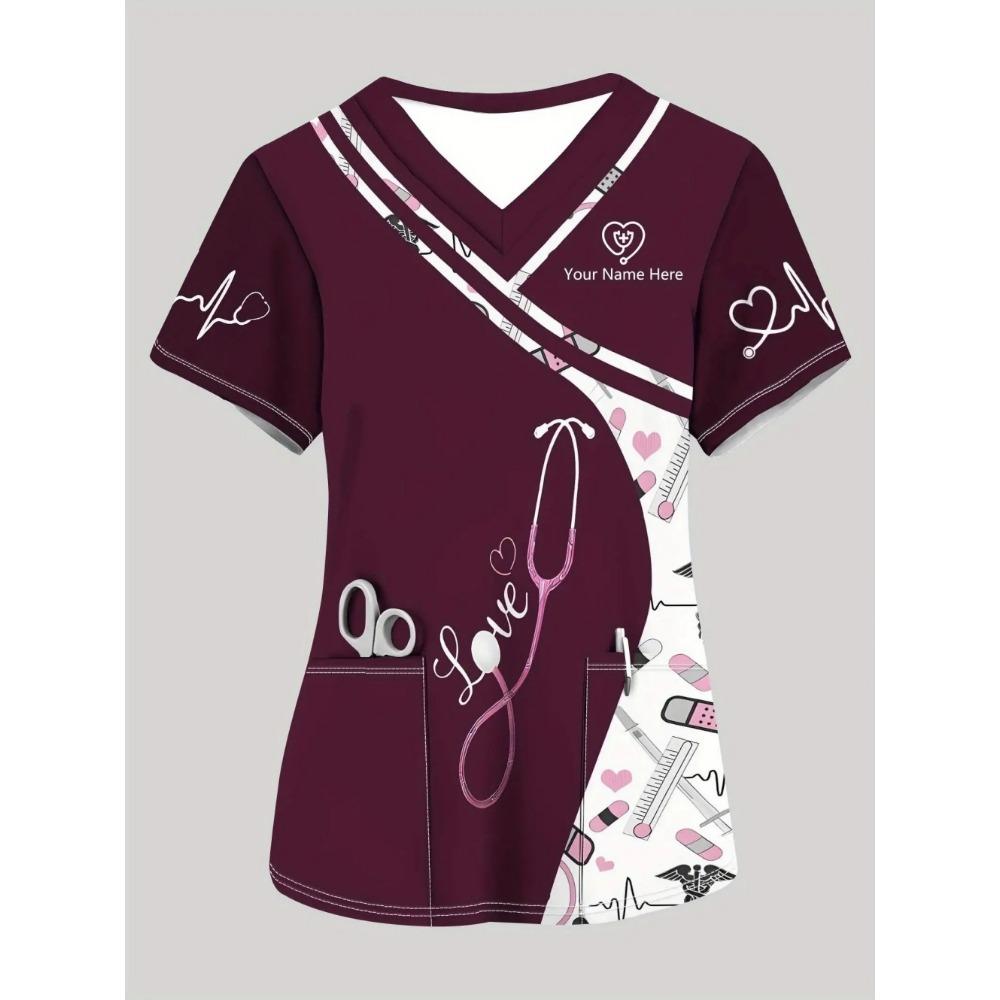 Clinical Uniform Woman Stethoscope Print V-Neck Short Sleeve Nurse Uniform Tops Fashion with Pocket Dentist Nurse Uniform Woman