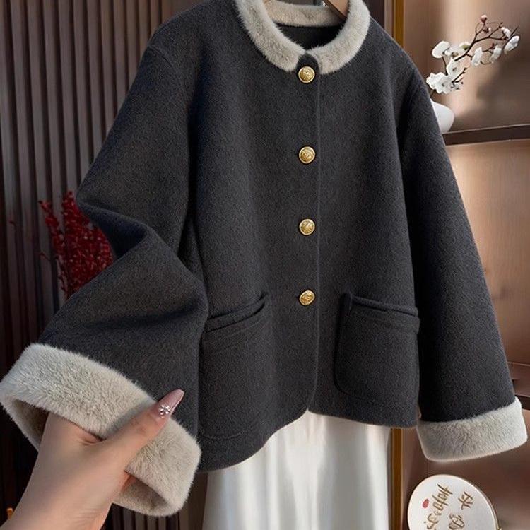 Women's 2025 Autumn/Winter Stylish Korean Patchwork Jacket with Round Neck