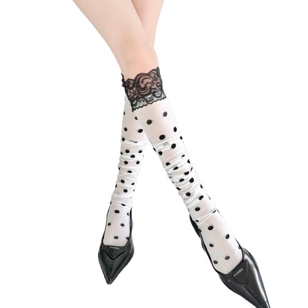 Süße Gepunktete Overknee-Socken Damen Hoher Bund Spitzenbesatz Dehnbar Lange Strümpfe Atmungsaktiv Sexy Dünne Lange Schlauchsocken Täglich
