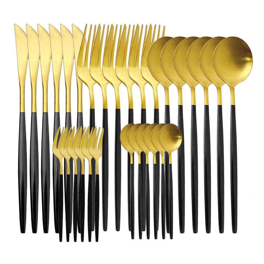

30 шт., набор столовых приборов матового зеленого золота, столовые приборы из нержавеющей стали, столовая посуда, кухонное серебро, нож, ложка, вилка для торта, набор посуды золотой/чёрный