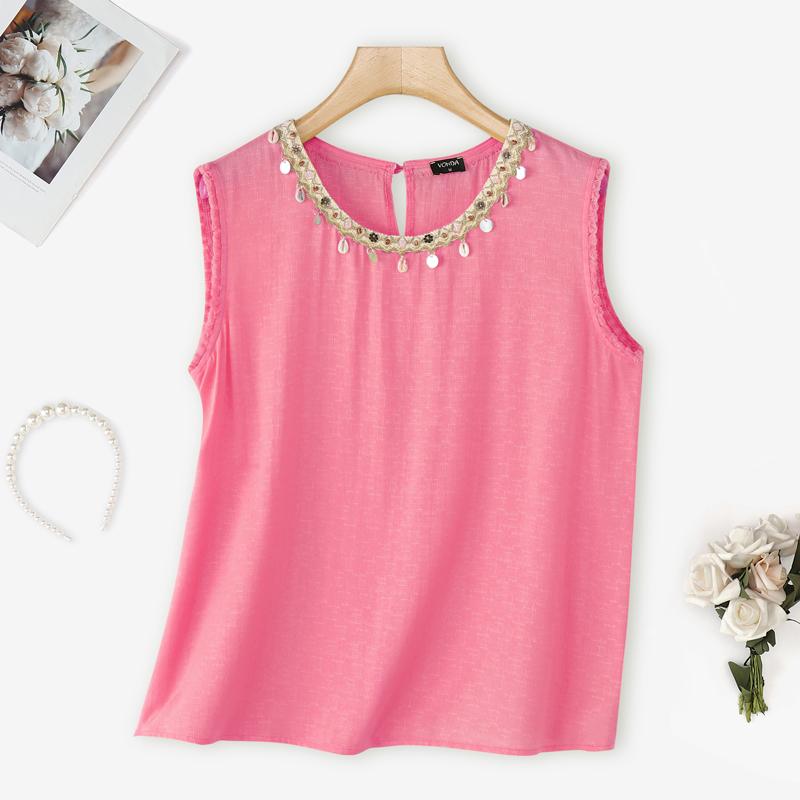 

VONDA Women Embroidery Beading O-neck Sleeveless Casual Loose Tank Tops 5XL рожевий