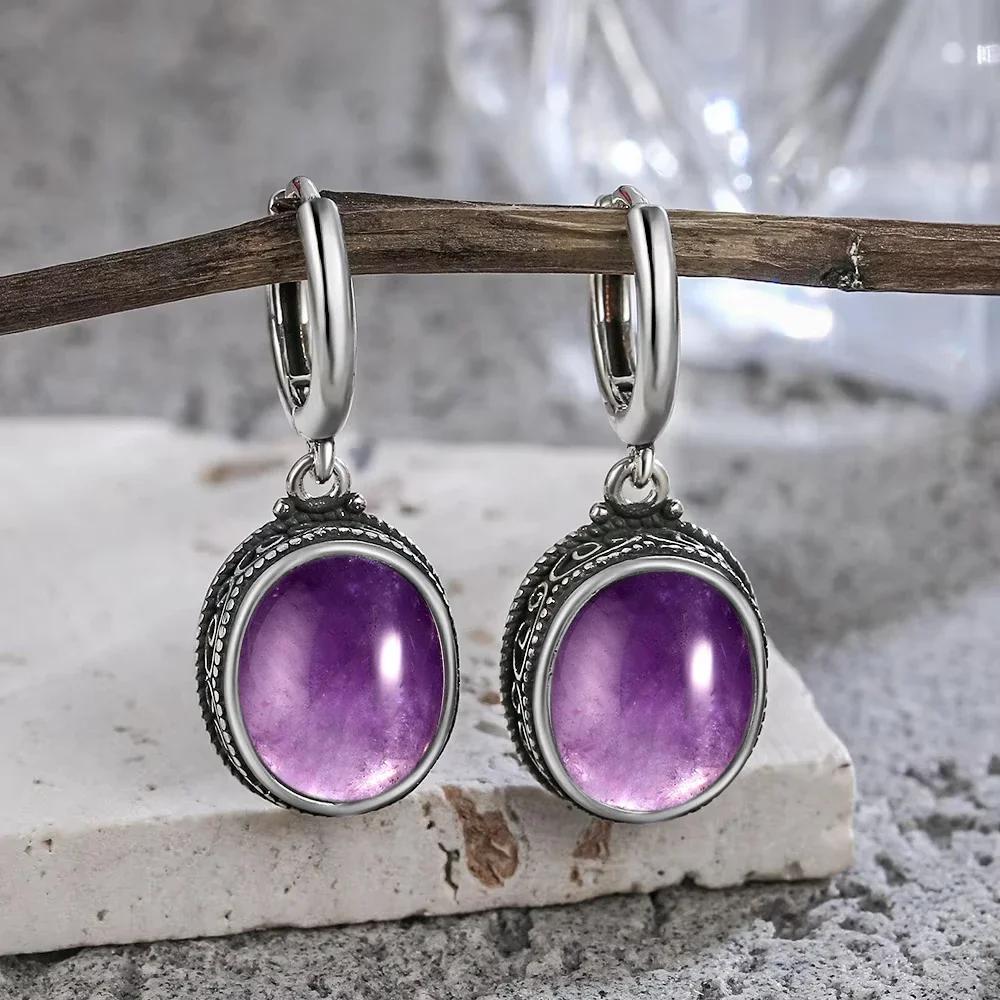 Vintage 925 Silver Natural Labradorite Earrings with Blue Light 10*12mm Big Stone Hoop Earrings Fine Jewelry for Women