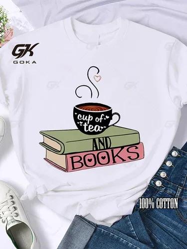 Coffee Books Brown Books American Retro Cotton T Shirt Woman Round Neck Half Sleeve T-shirts Printed Tops Woman Oversized Tees