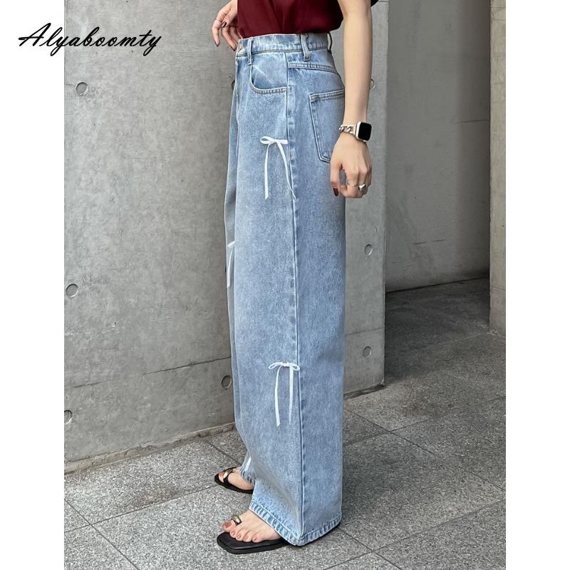 Korean Fashion Spring Summer Women Light Blue Wide Leg Jeans High Waist Bow Sweet Loose Jeans Casual Ladies' Basic Denim Trousers