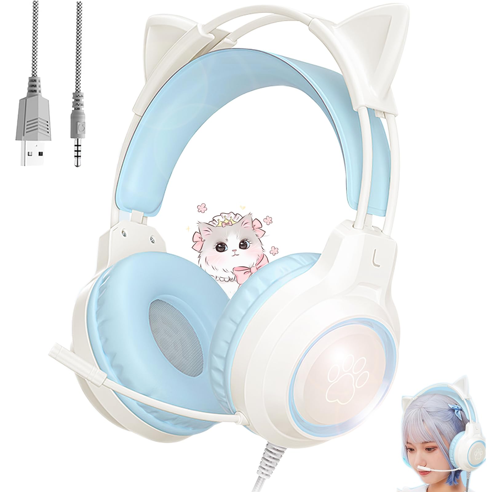 

Игровая гарнитура PS4 Гарнитура PS5 Игровые наушники Проводные наушники-вкладыши «кошачьи ушки» Игровые наушники со съемным микрофоном с шумоподавлением Над ухом синий