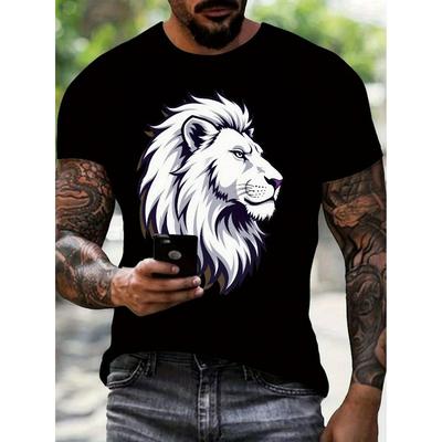 Europäische Größen Herren Schwarz-Weiß Löwenkopf 3D Grafik T-Shirt - Ganzjahres Freizeit Fitnessstudio & Freizeitkleidung