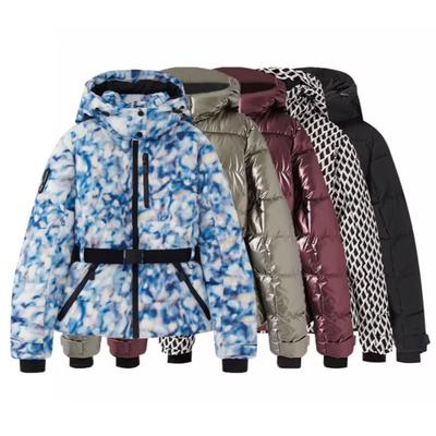Fashion 2025 Womens Ski Series Waist-Cinched Hooded Tie-Dye Puffer Jacket Set Versatile Padded Outerwear Perfect for Skiing & Daily Wear