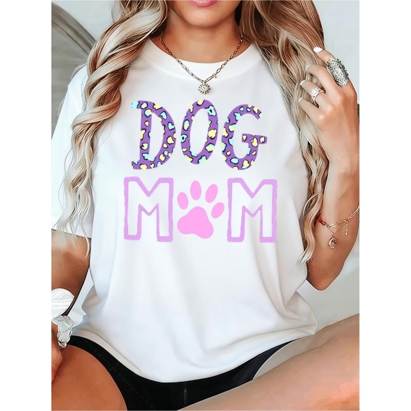Plus Size, Women s Dog Mom Paw Print T Shirt Cute Pet Lover Gift Round Neck Casual Top with Paw & Bone Print S белый