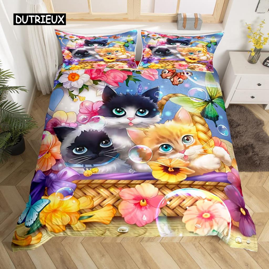 Sada povlečení pro kočky Roztomilý kreslený kočka Dětská sada povlečení Twin pro chlapce dívky Zvířecí kočičí vzor Queen King Size Polyesterový povlak na přikrývku