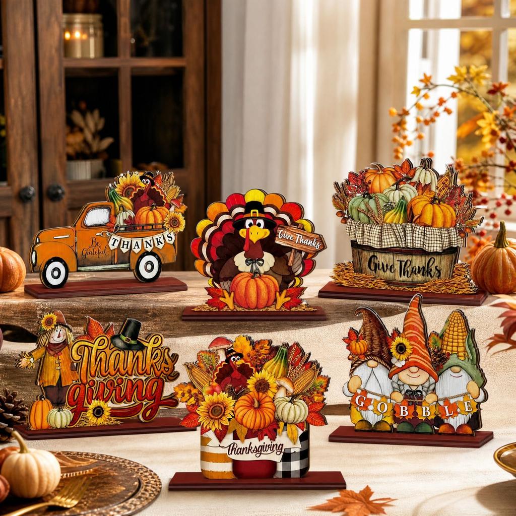 Wooden Tabletop Decor 6-Piece Set Thanksgiving Theme for Mantel Shelf Home