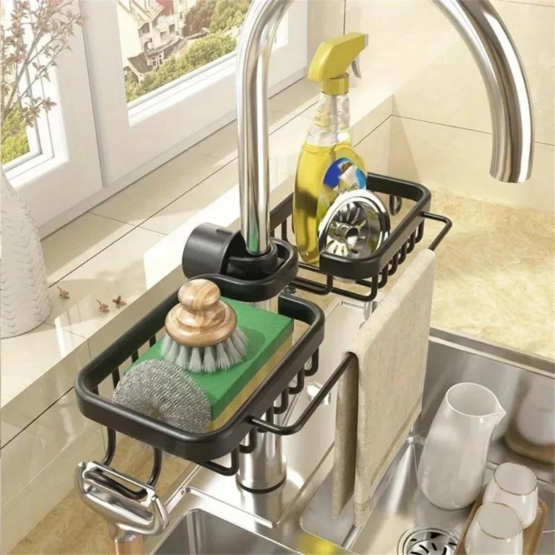 Kitchen Sink Drain Rack Organizer Aluminum Self-draining Sink Shelf Soap Sponge Holder Dishcloth Towel Removable Kitchen Storage