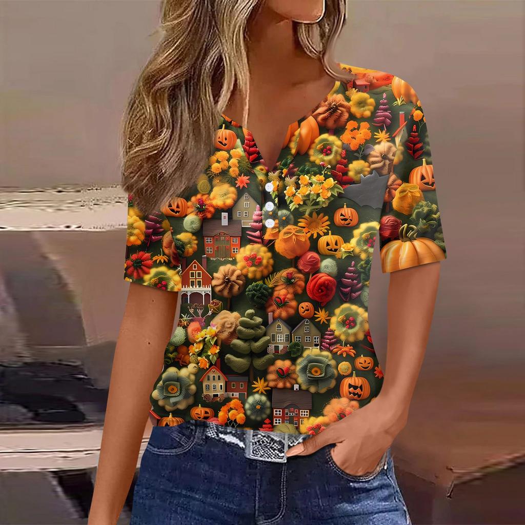 Women's T Shirt Halloween Print Button Short Sleeve Daily Weekend Fashion Basic V- Neck Regular Top