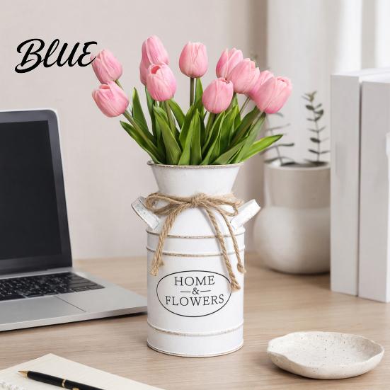 Farmhouse Style Flower Vase Vintage Iron Can Bucket Double-Handle Metal with Jute Bow