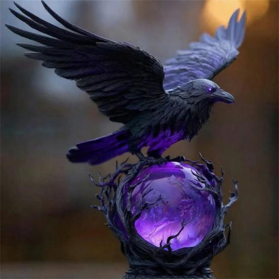 Gothic Raven LED Lamp Hand-Crafted Sculpture On Purple Glow Sphere Mysterious Decor for Dark Art And Halloween Unique Desk Night Light
