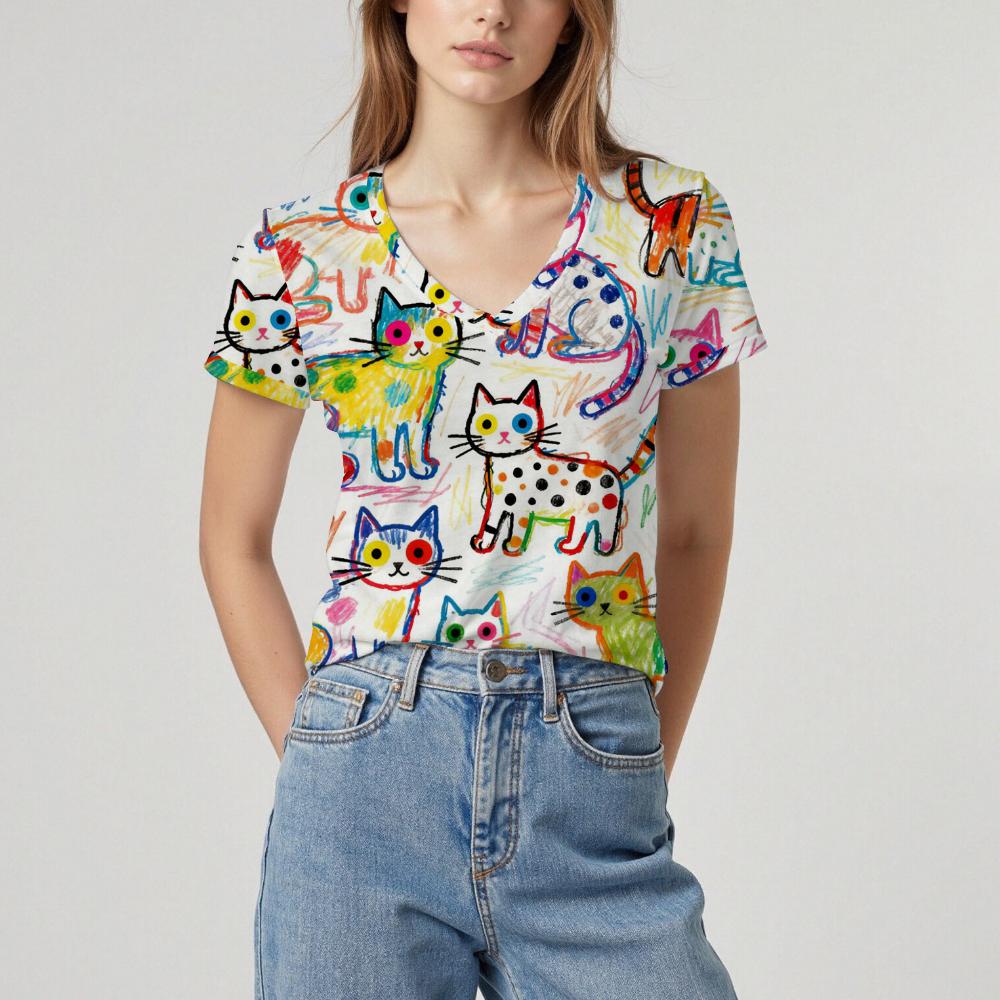 Summer Women's New Short-sleeved T-shirt Cat Pattern Top Soft Texture Comfortable Breathable Personality Daily