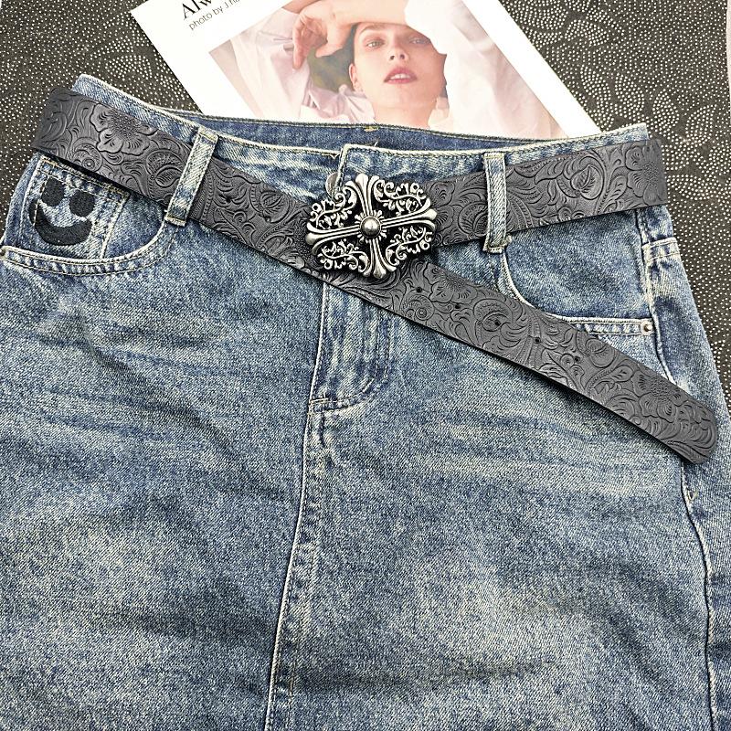 Hong Kong-style Denim Belt with Cross Carving & Rivets Niche Subculture Style Versatile Street Waistband for Casual Daily Outfit