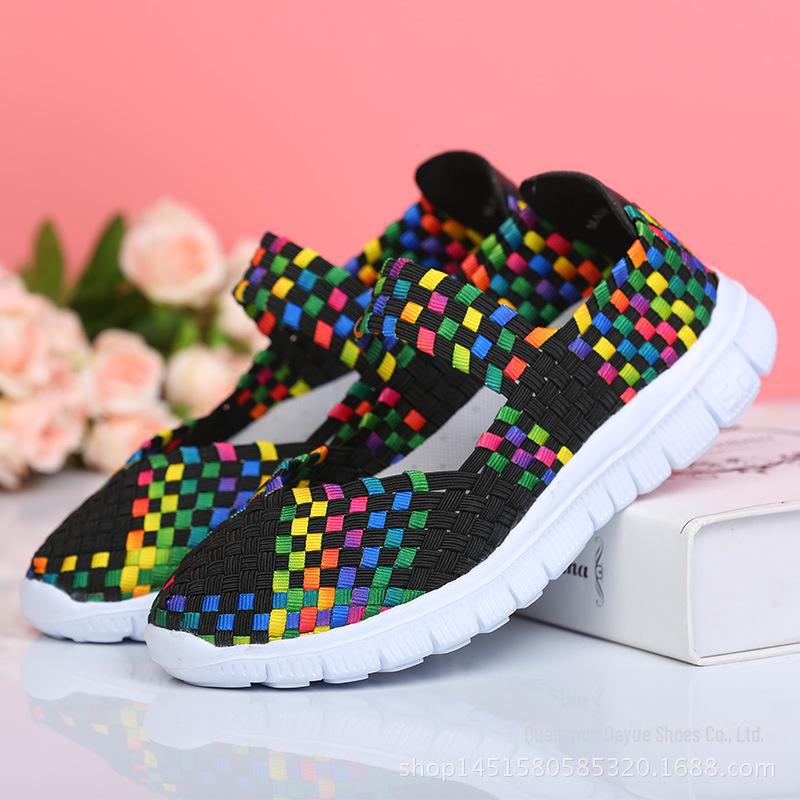Women's Size 42 Hand-Woven Korean-Style Casual Shoes with Elastic Band