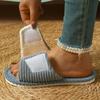 Women's Cozy Striped Corduroy Open Toe House Slippers - Adjustable Velcro Strap, Soft Plush Non-Slip Indoor Slides