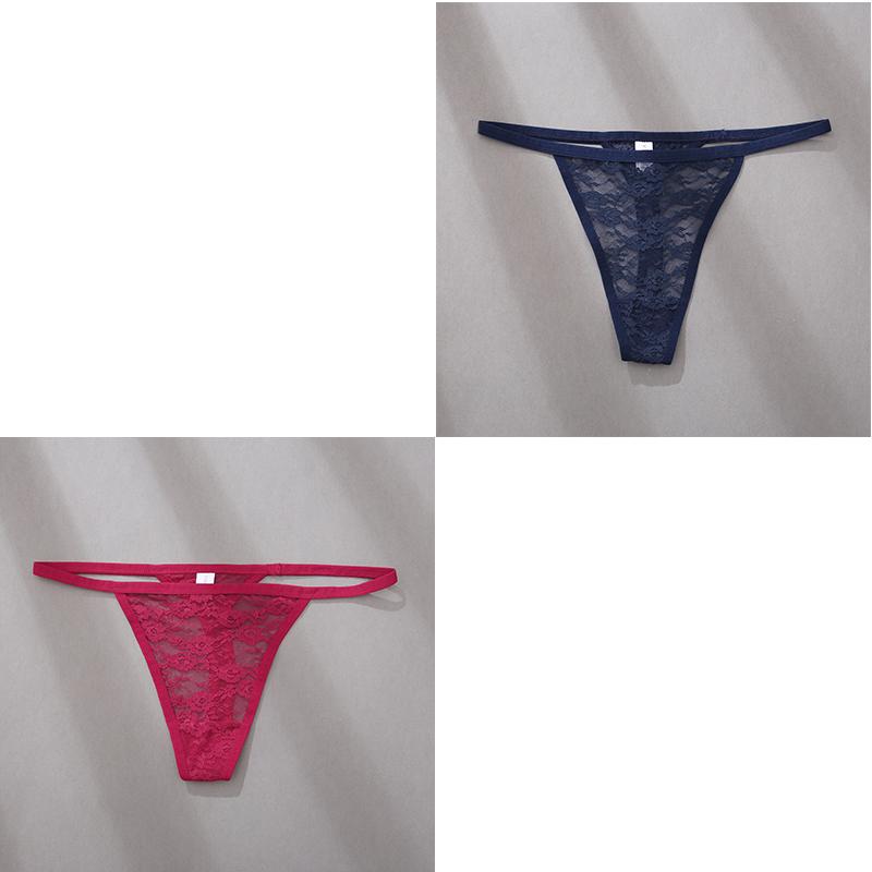 2Pcs/Set Sexy Women Low Waist Lace Panties Thongs Solid Hollow Out Transparent G-String Underwear Lady T-Back Intimate Lingerie