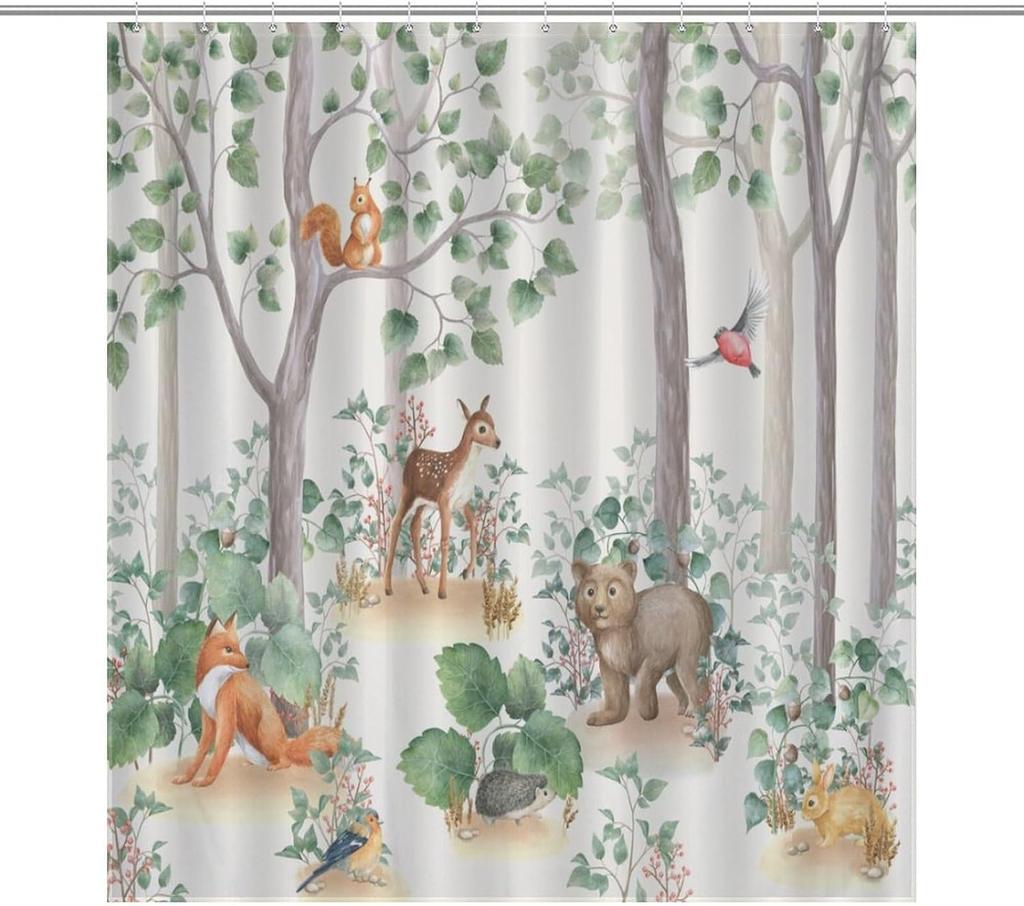 Cartoon Cute Forest Shower Curtains, Fairy Tale Mushroom Cat Flower Floral Leaf Green Pattern Decor Print Bath Drapes Set