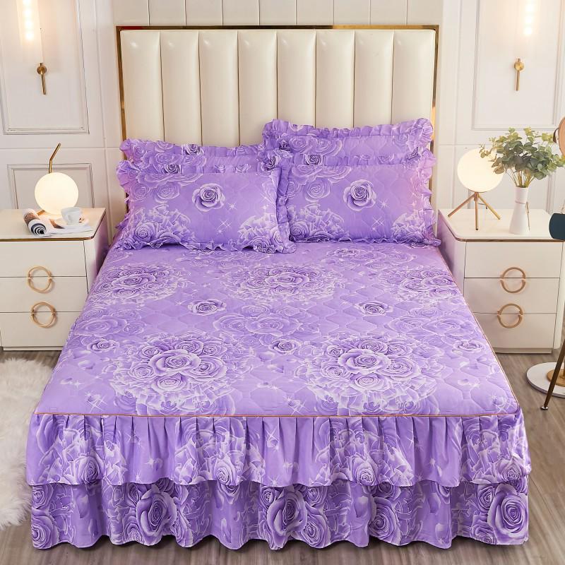 Fustă de pat prințesă matlasată cu dantelă în stil coreean – Cuvertură de pat groasă, din mătase periată, rezistentă la praf