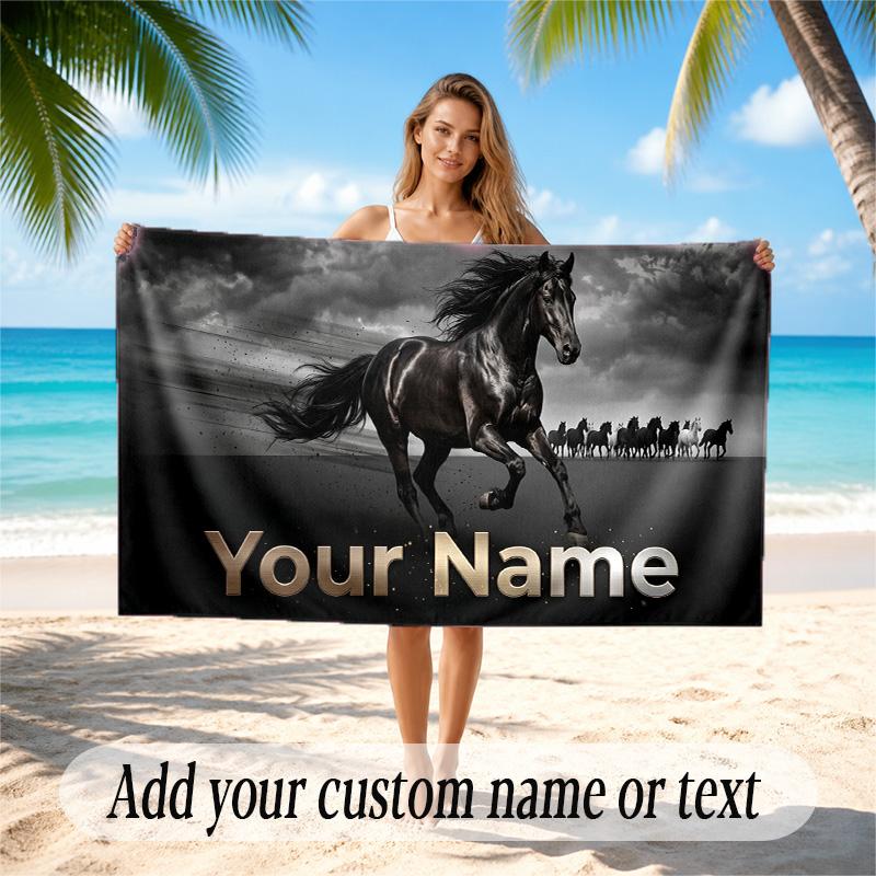 Horse Theme Quick Dry Beach Towel Custom Name Text Print Large Sand Resistant Towel Beach Vacation