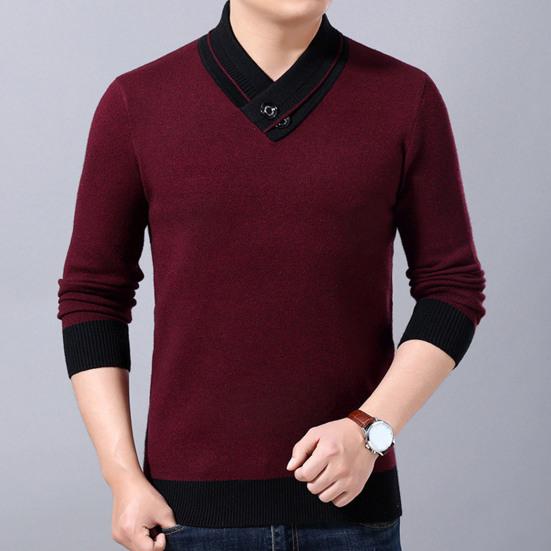 Men Sweater V Neck Knitted Contrast Colors Loose Spring Sweater for Daily Wear