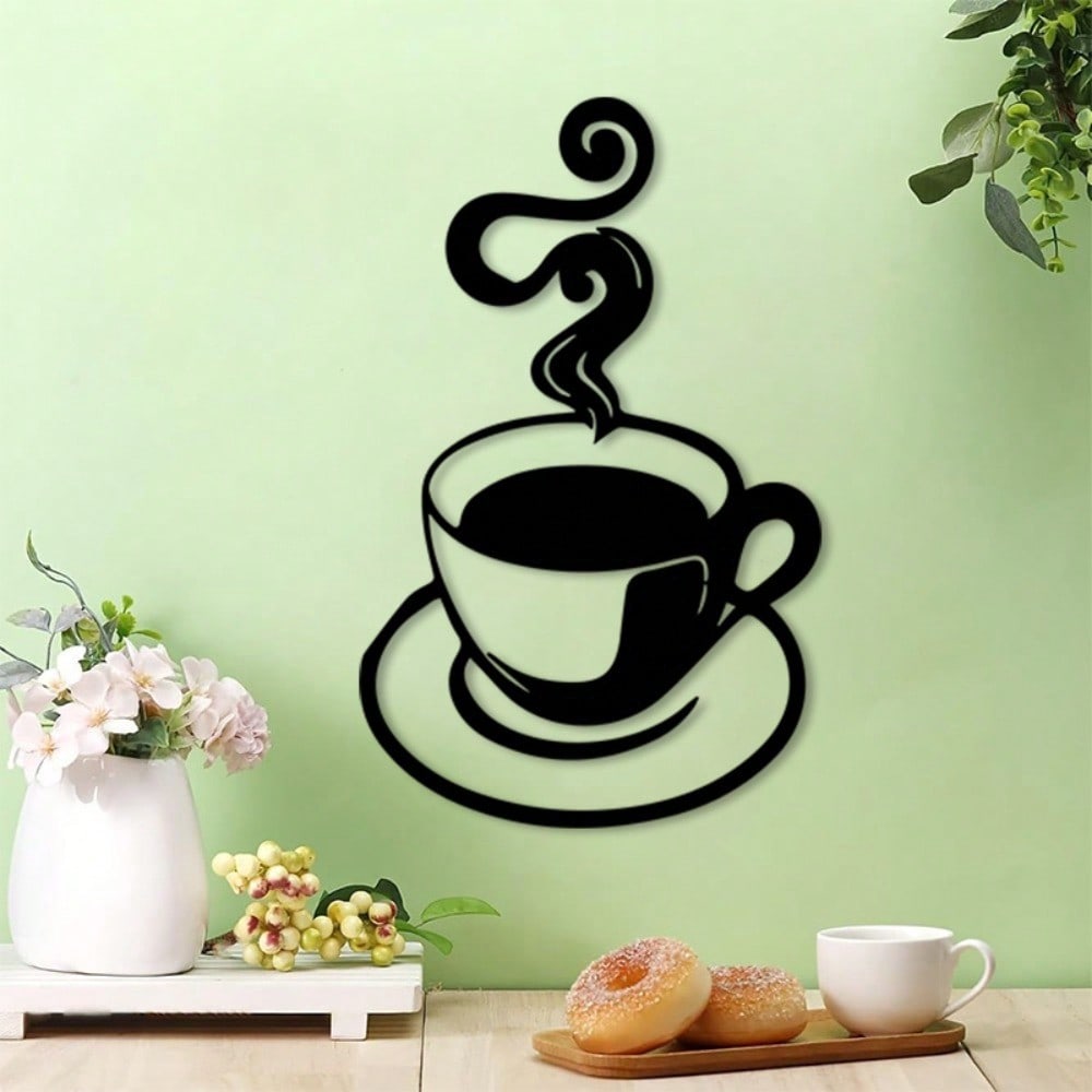 Vintage Metal Iron Coffee Cup Wall Decor Art Classic Black White Design