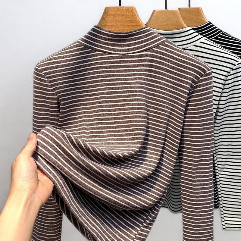 Women S Slim Fit Striped Half Turtleneck Long Sleeve Thermal Base Layer Top