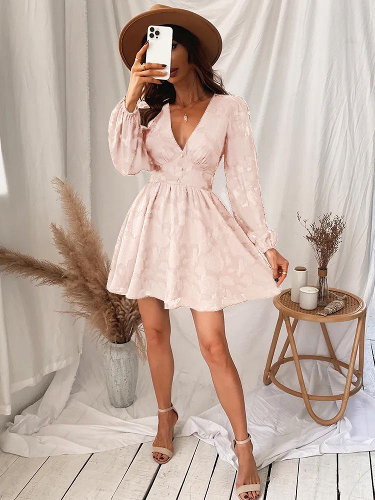 Women's Low-Cut A-Line Green Mini Dress with Long Sleeves - Sexy Party Wear for Spring & Autumn 2023.