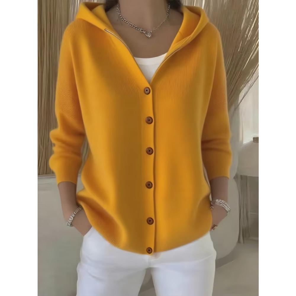 Solid Color Button Knit Hooded Sweater Cardigan Jacket For Autumn Winter New Casual Fashionable Women's Clothing Pulls Femmes