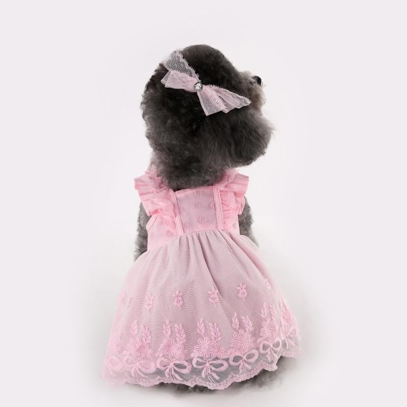 Pet summer lace flying sleeve princess dress teddy bear dog cat thin clothes + headgear