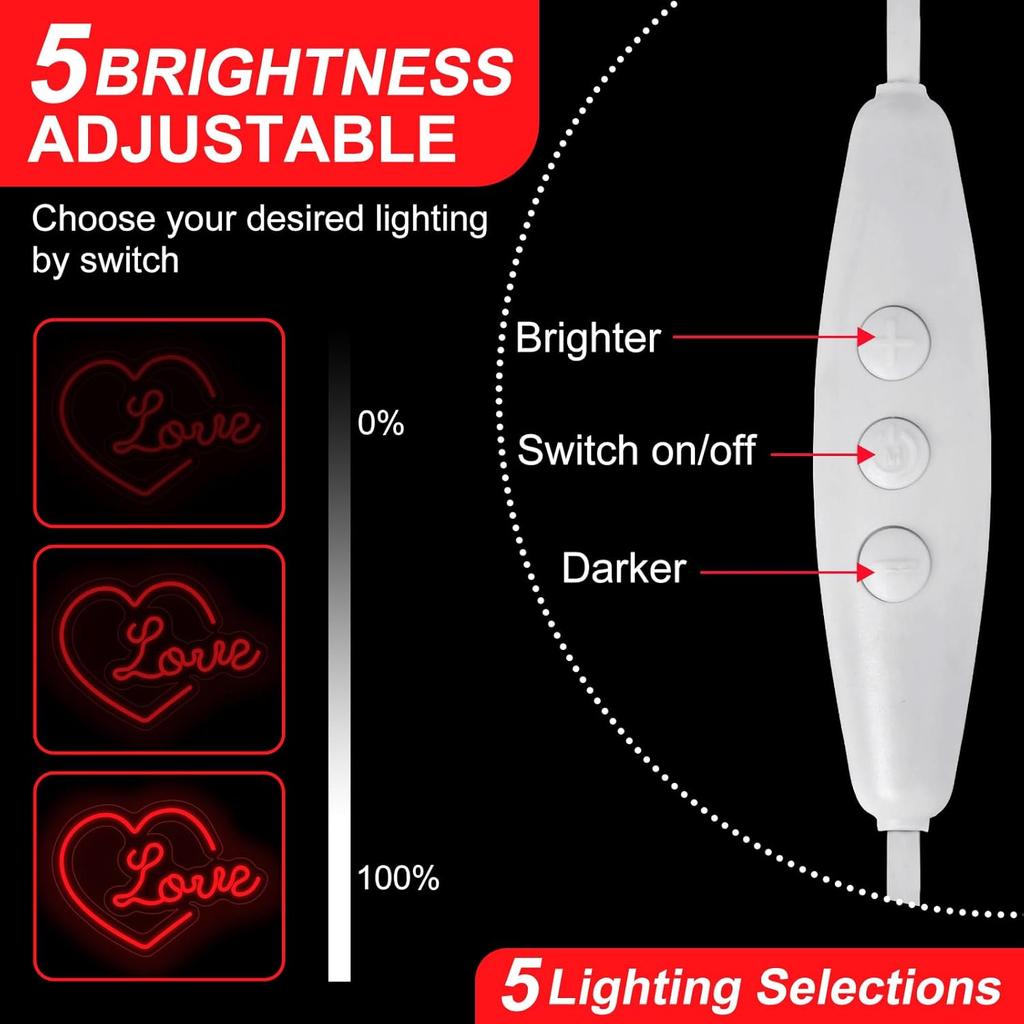 Heart Love Neon Sign, Valentines Day LED Light, USB Powered Dimmable LED Sign for Wall Decoration, Party, Wedding, Bedroom, Living Room, 15.7"x11.4"