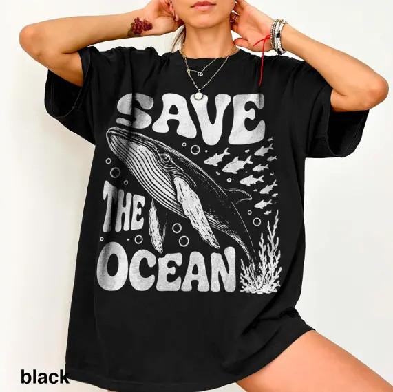Vintage Save the Ocean Whale Shirt Retro Marine Life Beach Graphic Tee
