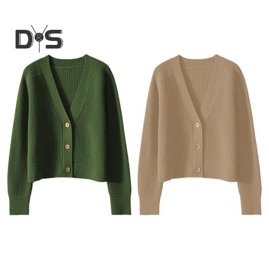 Women Sweater Coat V-Neck Long Sleeve Ribbed Trim Knitting Outwear Solid Color Loose Fit Tops Travel Streetwear