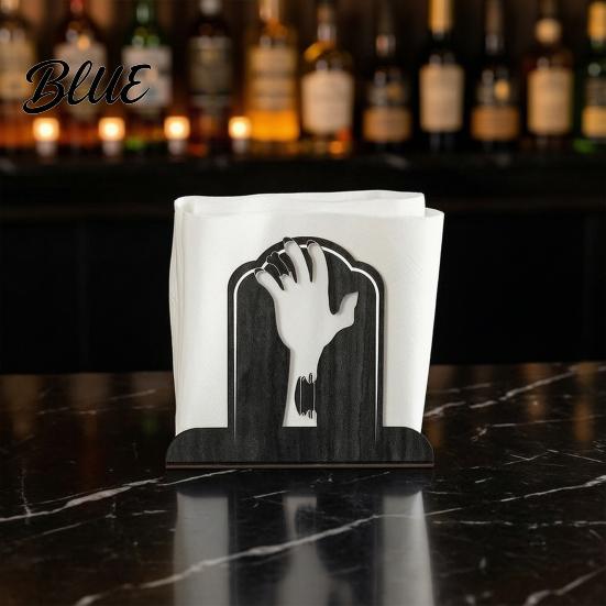 Eco-friendly Napkin Holder Halloween Holder Wood Tombstone Hand Decorative Paper Towel Stand for Kitchen Dining Table Party Decor Durable Wooden